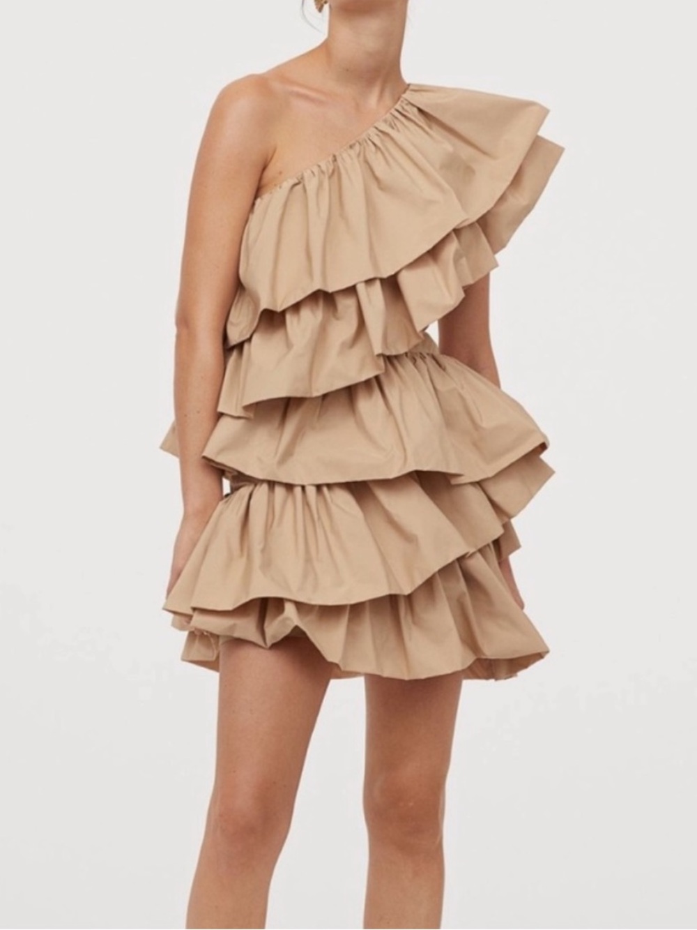 One-Shoulder Tiered Ruffle Mini Dress in Beige - Picture 3 of 11